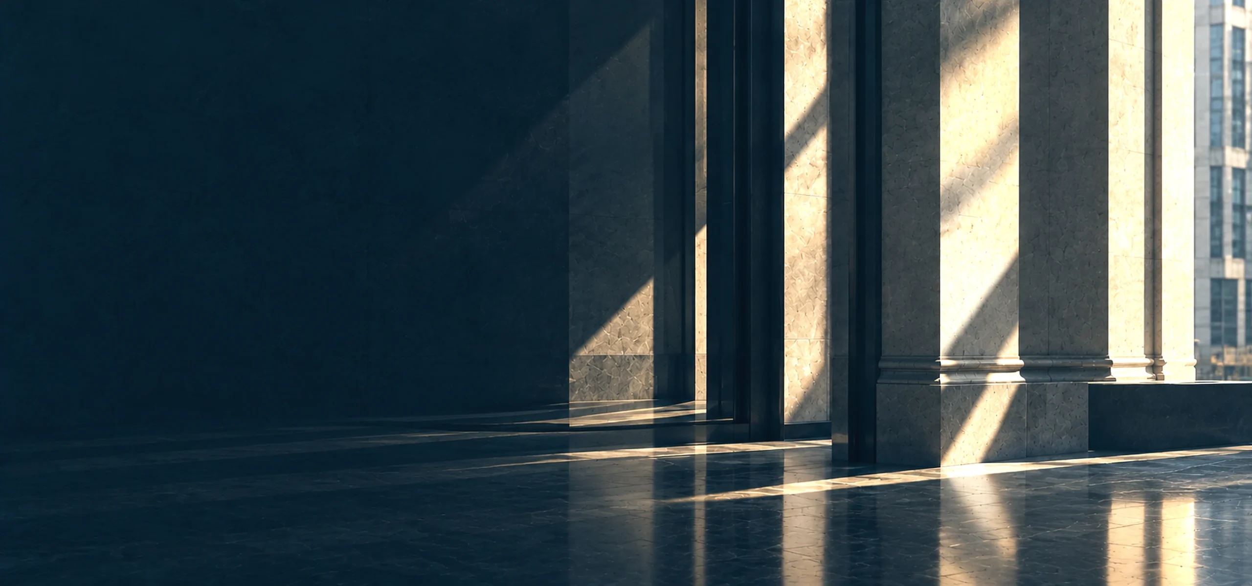 Morning light falling across a classical colonnade